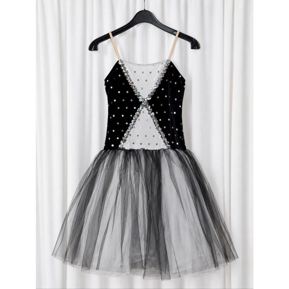 Star Styled Vintage Y2K Sequin Black Velvet Silver Tulle Tutu Dance Costume